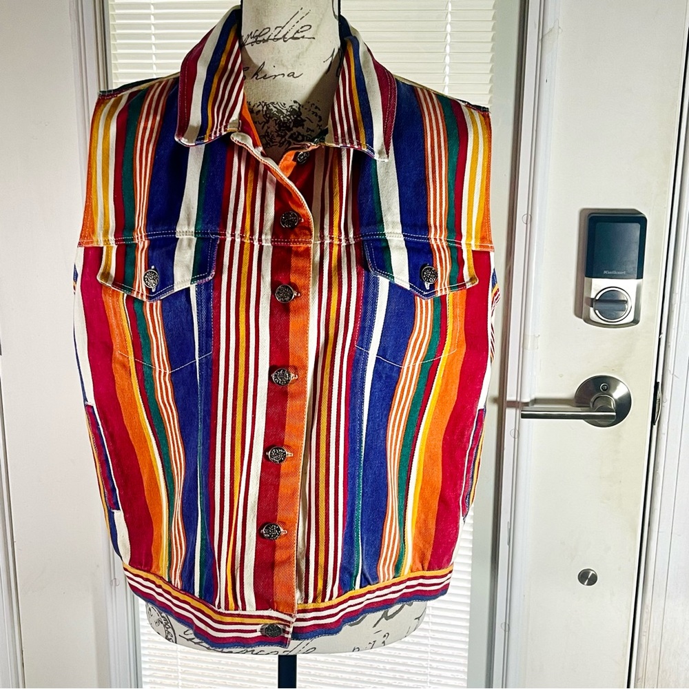 Goodfellows Vintage Women’s Rainbow Colorful Striped Denim Vest | Size 11/12